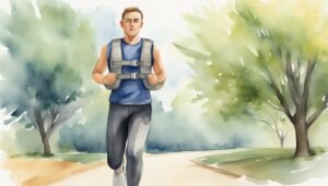 Man running with weighted vest in park.