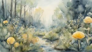 Misty forest watercolor with yellow flowers and serene stream.