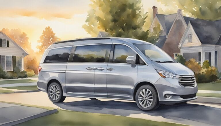 Watercolor illustration of minivan in suburban neighborhood at sunset.