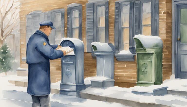 Postal worker mailing letters on snowy day.