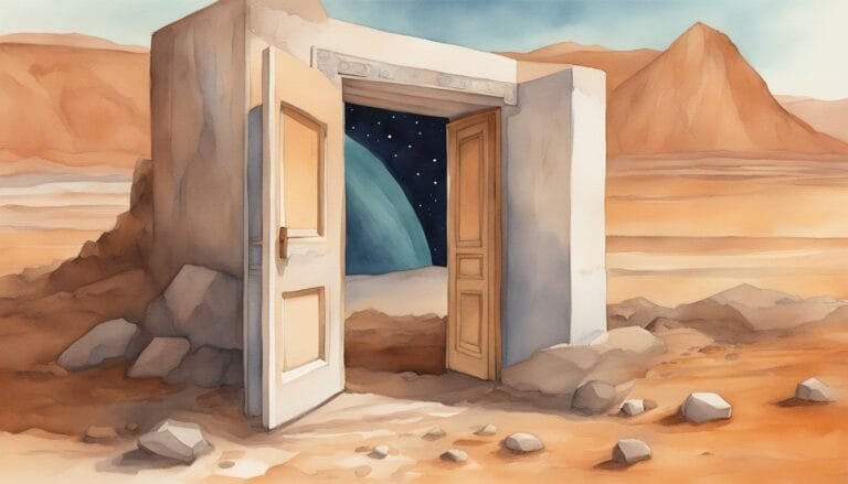 Desert doorway revealing a starry night sky.