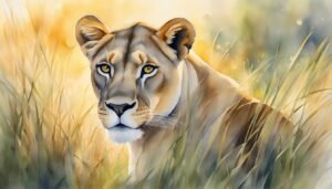 Watercolor painting of lioness in grassy field at sunset.