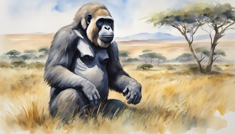 Gorilla sitting in African savannah, watercolor illustration.