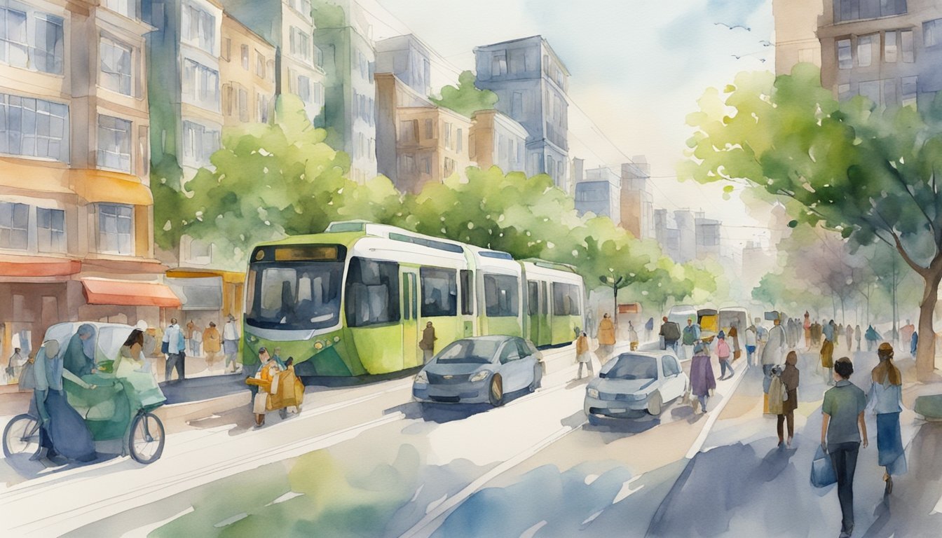 Watercolor cityscape with tram and pedestrians.