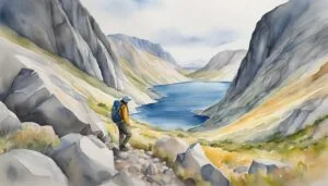 Hiker exploring mountainous lakeside landscape in watercolor painting.