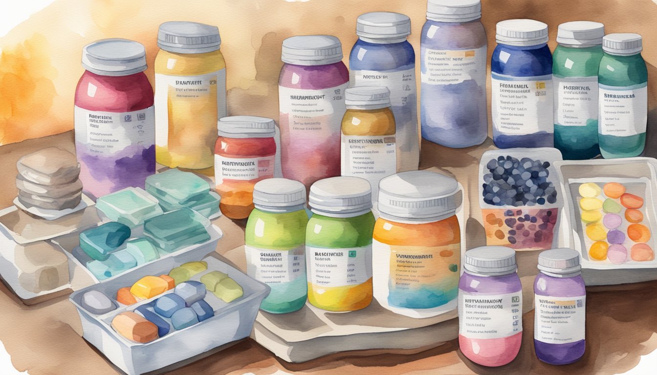 Watercolor illustration of various colorful supplement bottles.