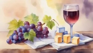 Watercolor of wine, grapes, and cheese.