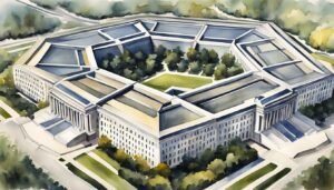 Watercolor painting of the Pentagon from aerial view.