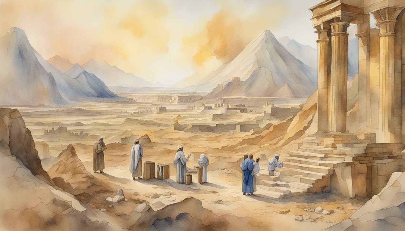 Watercolor painting of ancient ruins with people and mountains.