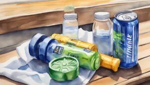 Watercolor of beverages and lime on wooden bench.