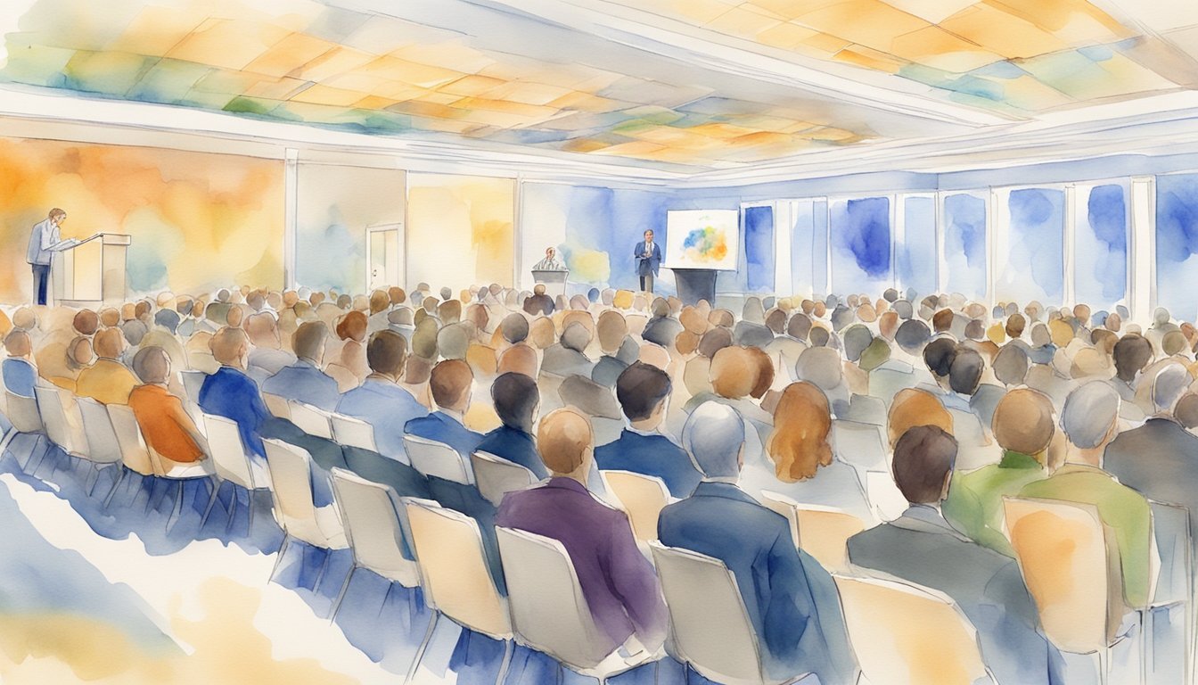 Watercolor of conference with speakers and attentive audience.