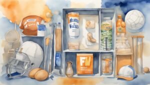 Watercolor painting of assorted sports equipment and packaged goods.