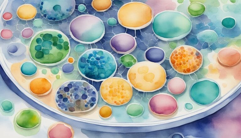 Colorful watercolor painting of abstract cellular patterns.