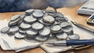 Watercolor illustration of coins, calculator, and fountain pen.