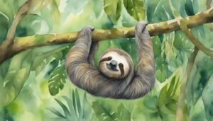 Sloth hanging from tree in lush green forest.