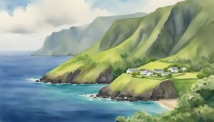 Coastal village by cliffs, watercolor landscape.