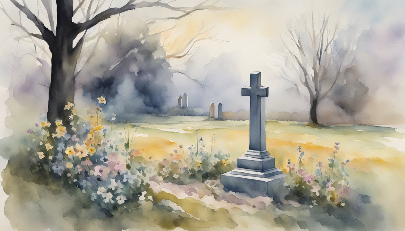 Watercolor painting of foggy cemetery with cross and flowers.