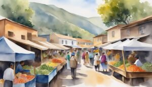 Watercolor painting of bustling outdoor market with mountains.