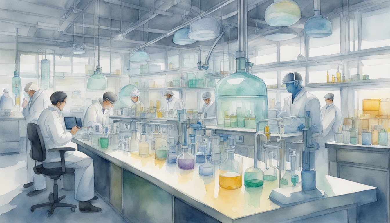 Scientists working in a busy laboratory setting.