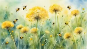 Watercolor painting of bees pollinating dandelions.