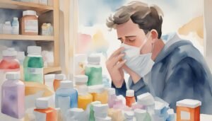 Man sneezing in pharmacy surrounded by medicine bottles.