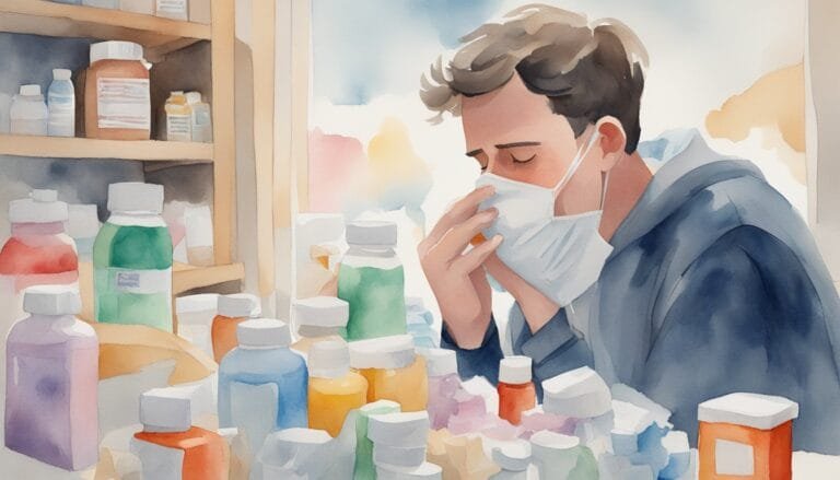 Man sneezing in pharmacy surrounded by medicine bottles.
