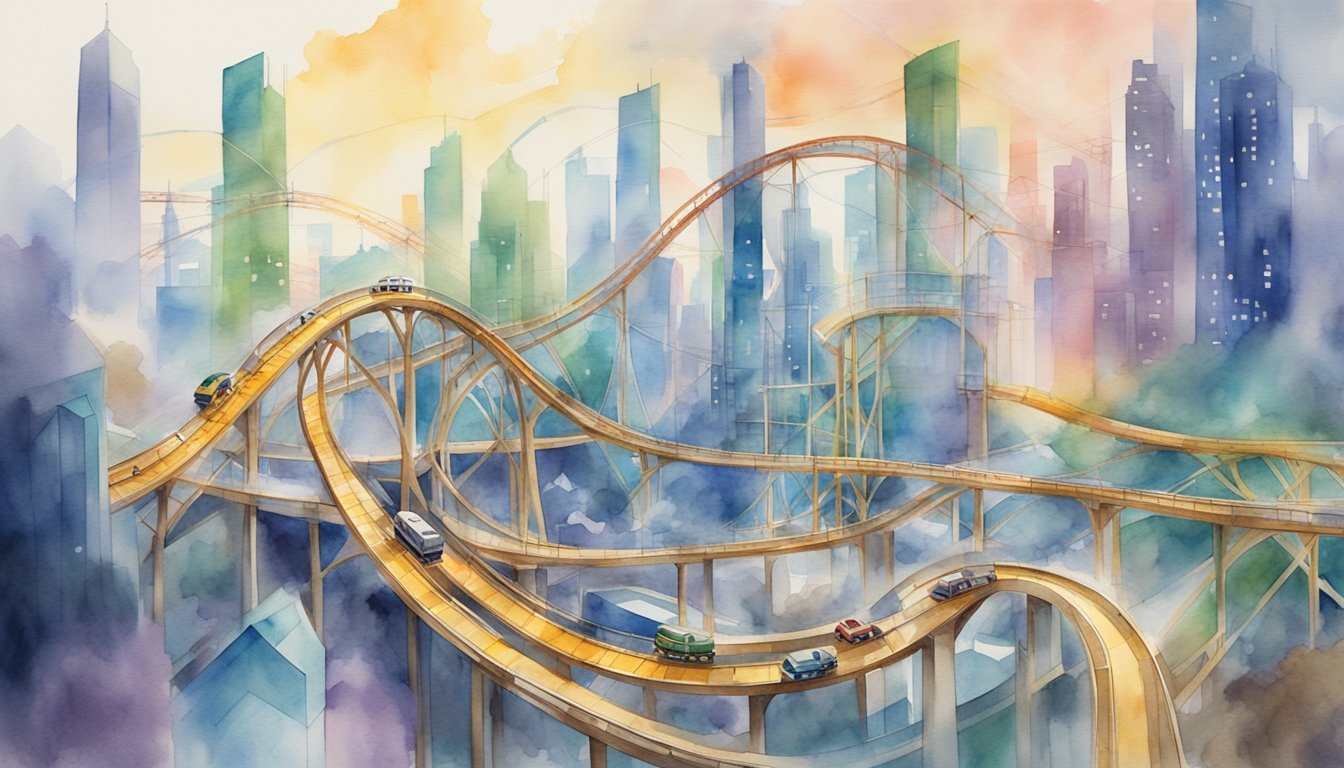 Watercolor of futuristic cityscape with looping roads and cars.