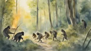 Watercolor of early humans and apes in misty forest.