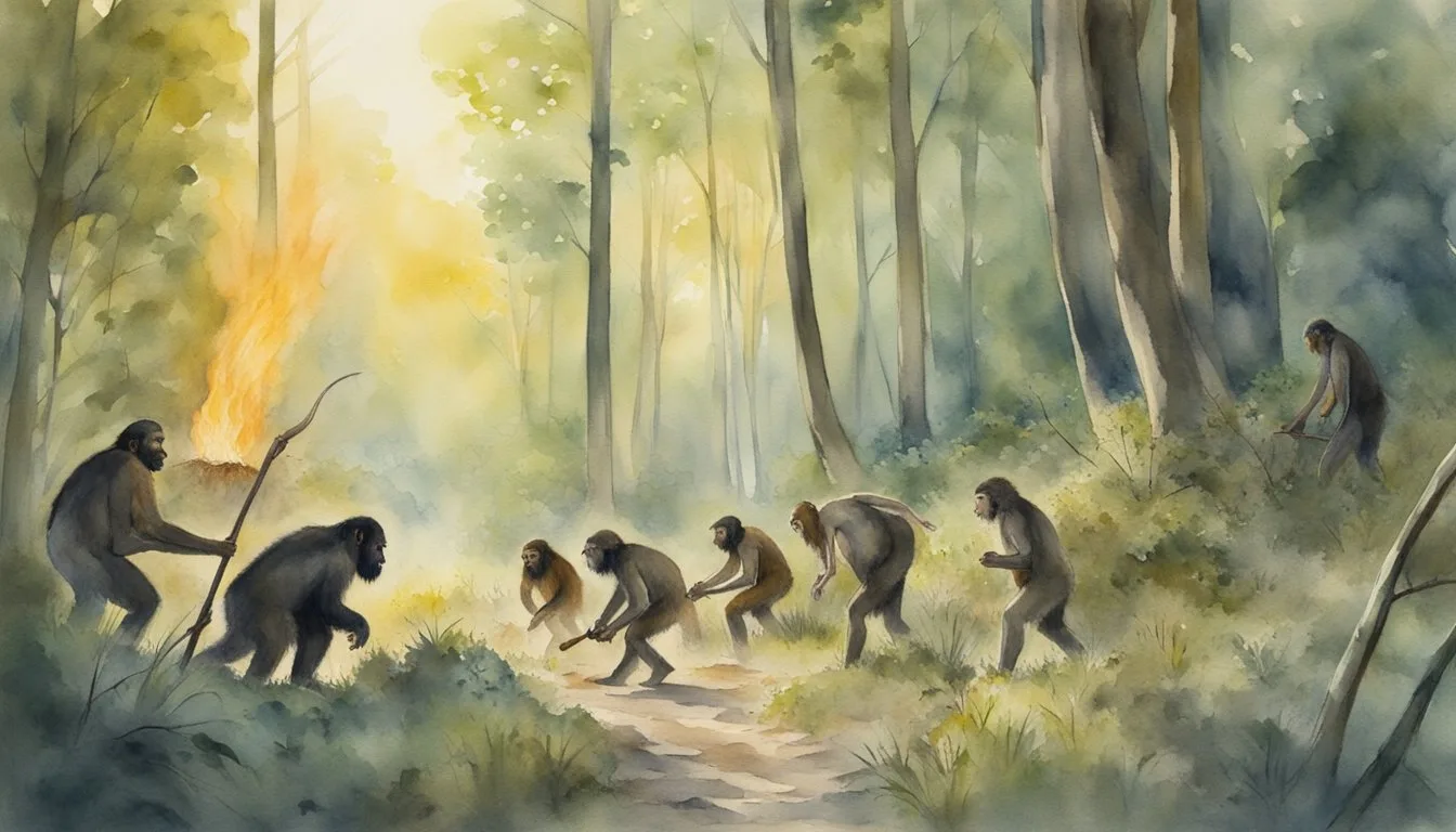 Watercolor of early humans and apes in misty forest.