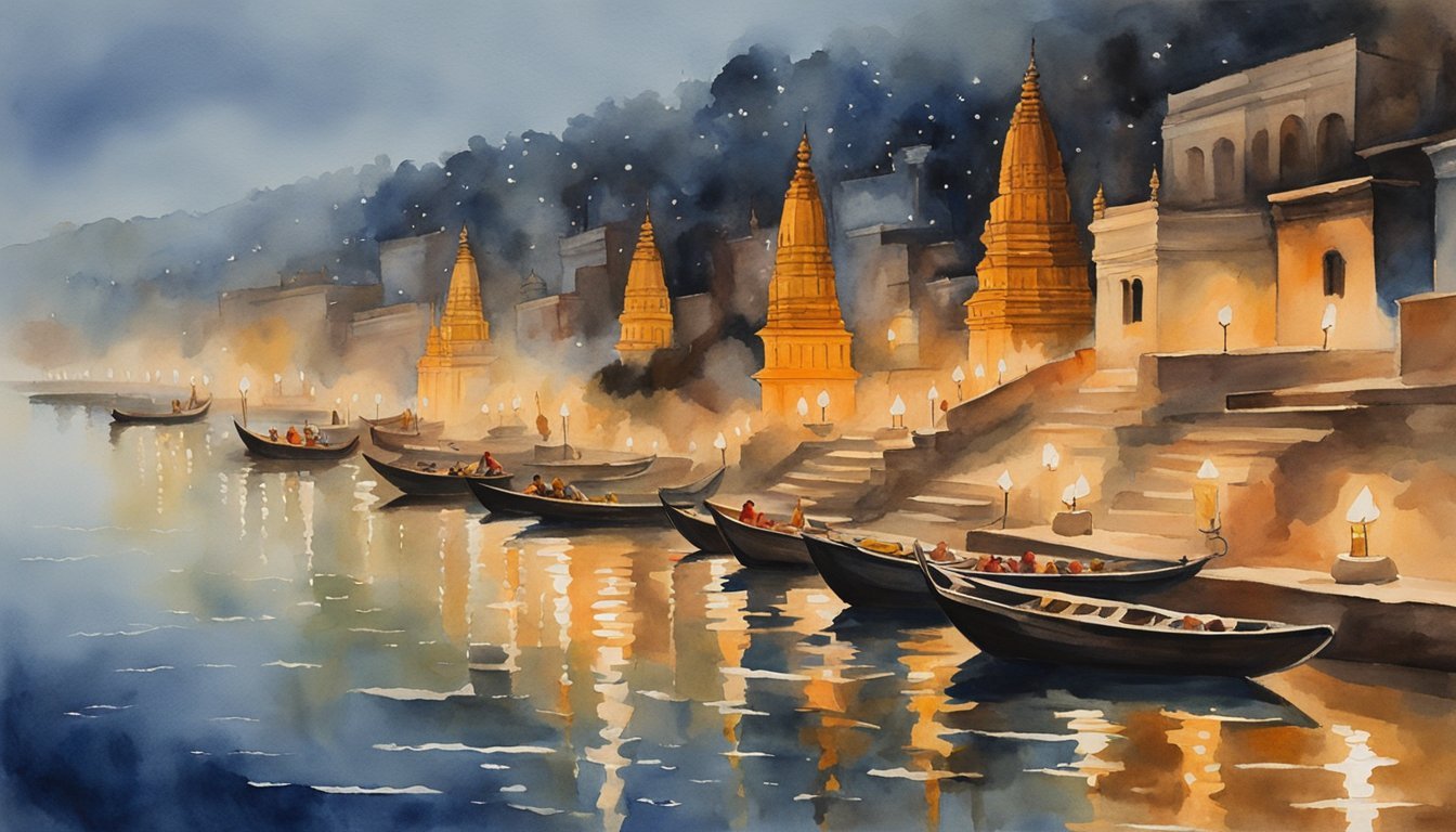 Watercolor of illuminated riverside temples and boats at dusk.