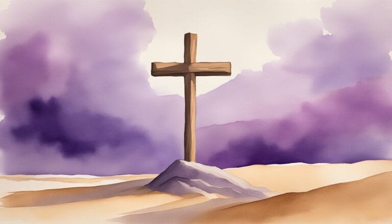 Wooden cross on hill under purple cloudy sky.