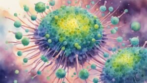 Colorful watercolor illustration of abstract virus particles.