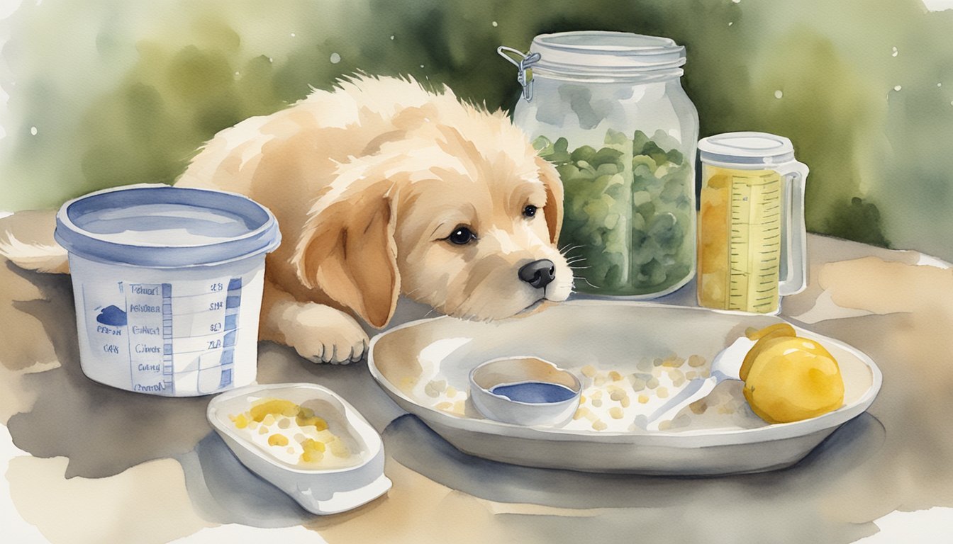 Golden puppy with food and measuring cups watercolor painting.