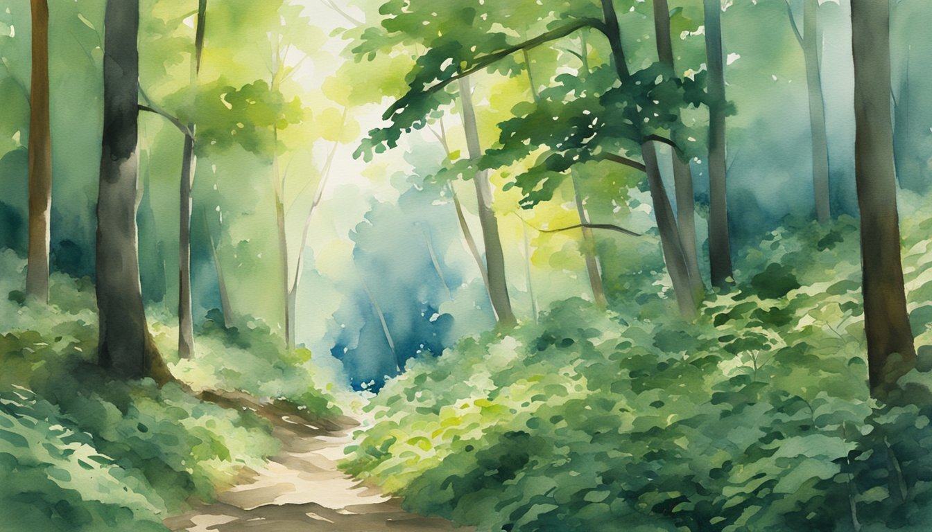 Watercolor painting of a sunlit forest path.