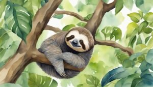 Sloth resting on tree branch, lush green foliage background.