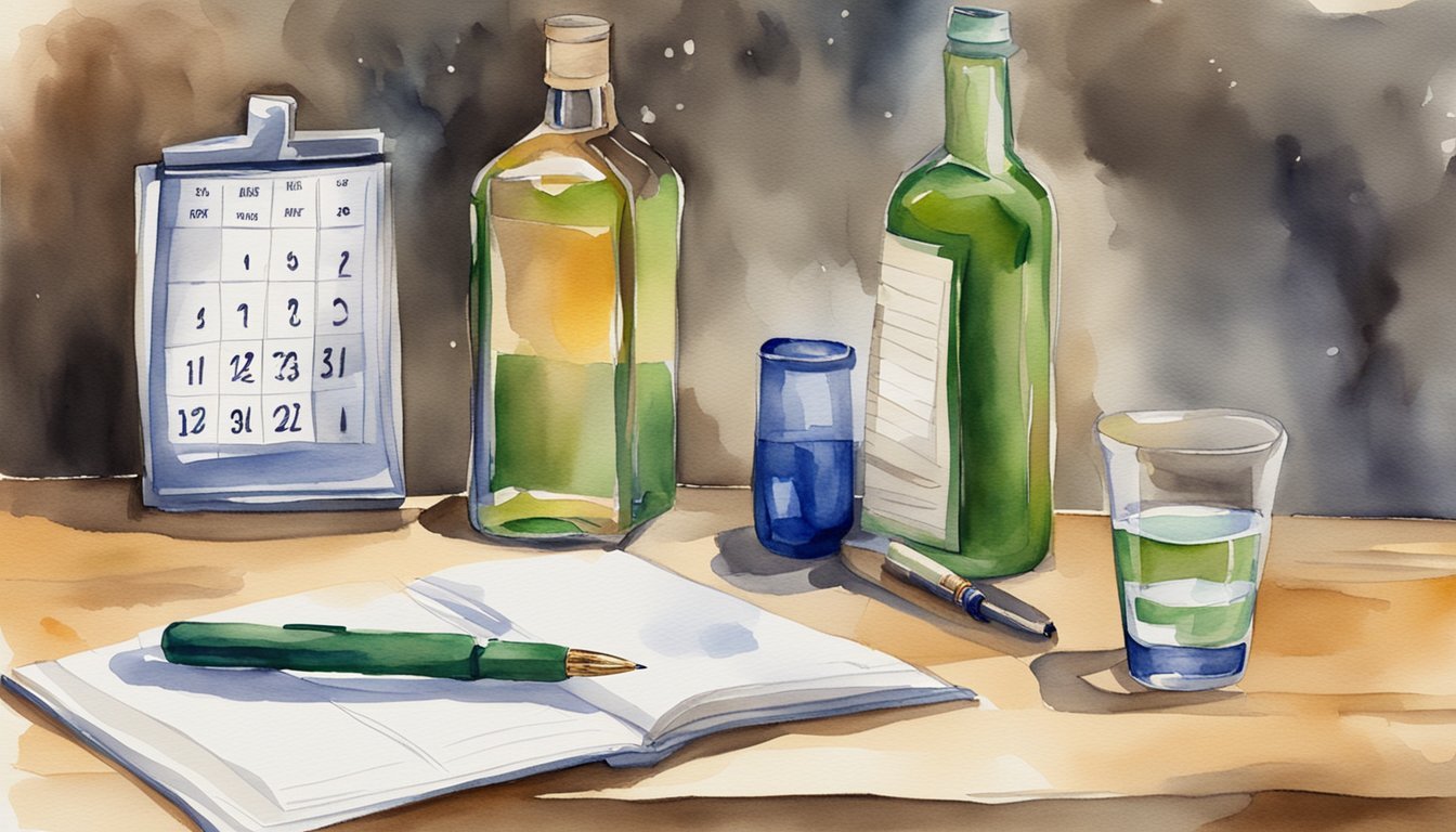 Watercolor painting of bottles, notepad, and pen on table.