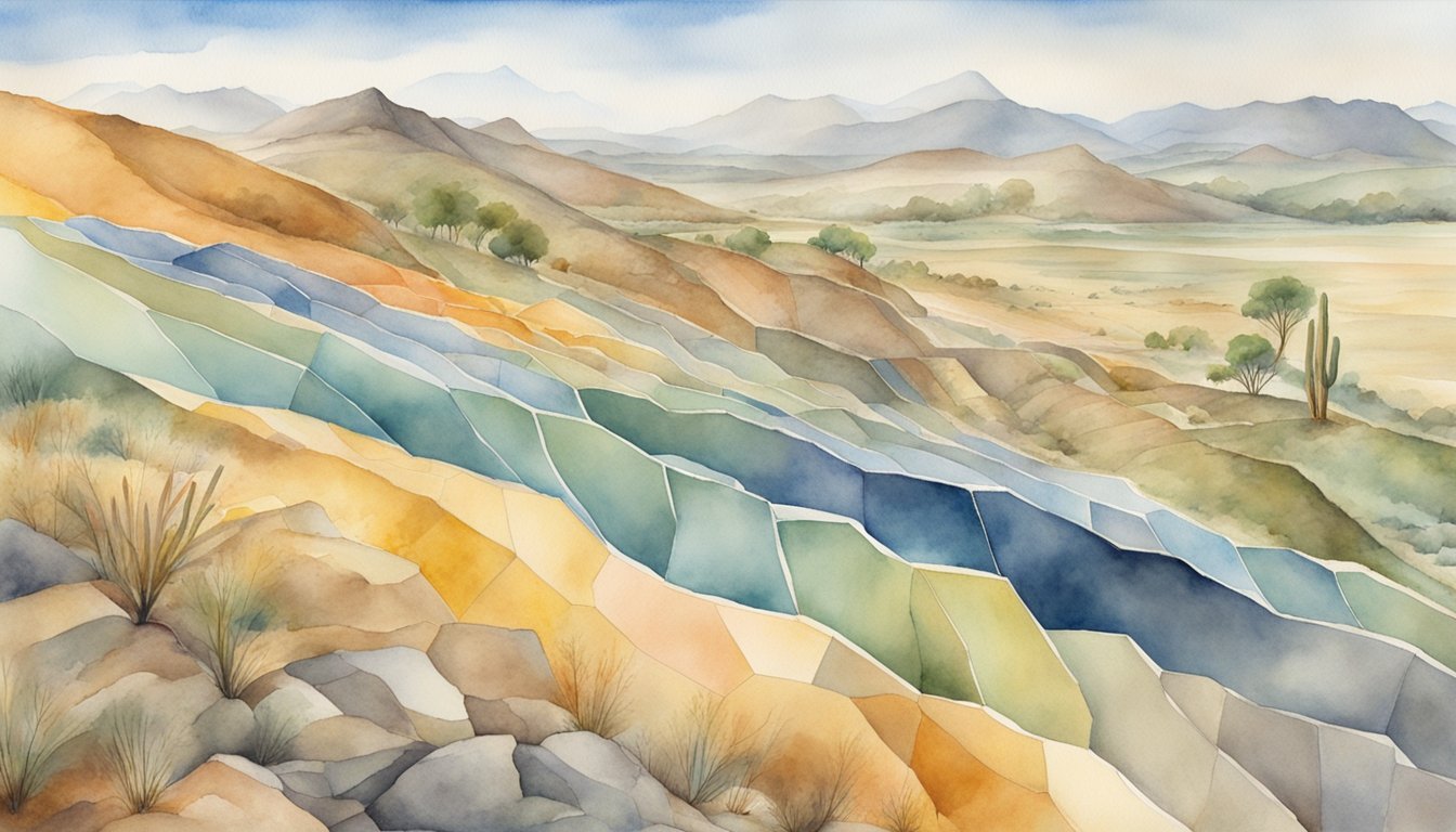 Colorful watercolor painting of layered mountain landscape.