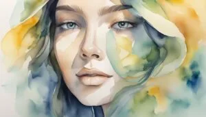 Watercolor portrait of a woman with nature-inspired hues.