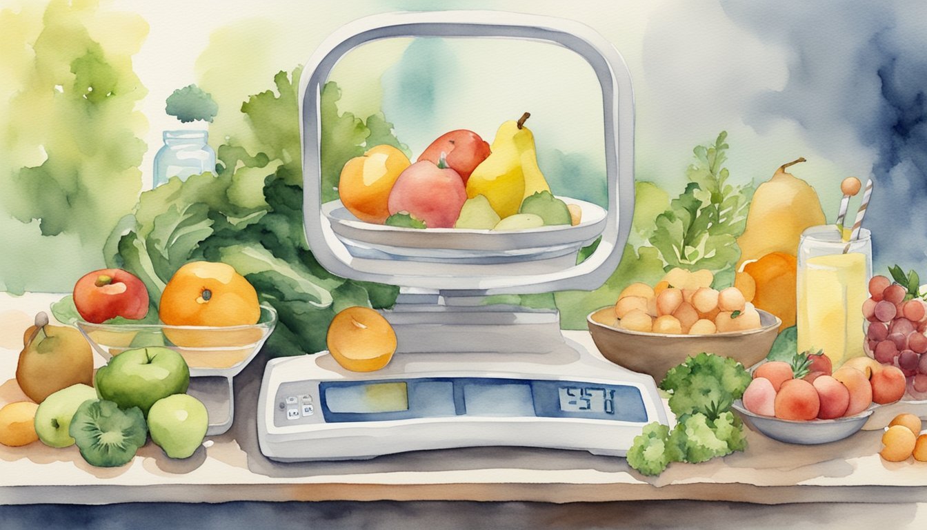 Watercolor of fruits on digital scale with juice.