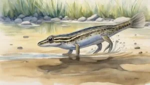 Watercolor painting of a fish navigating a shallow stream.