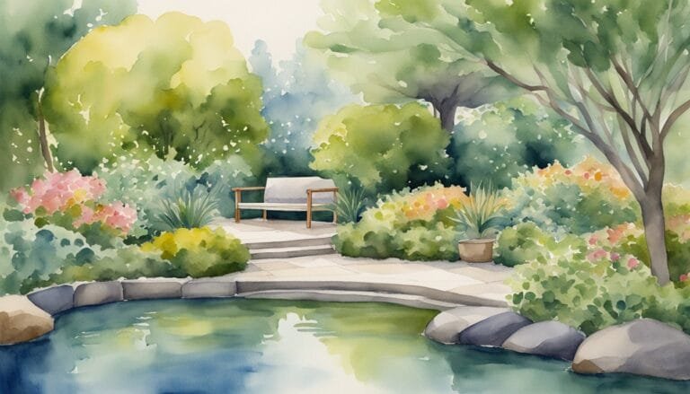 Serene garden watercolor with bench and blooming flowers.