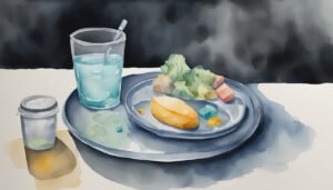 Watercolor of healthy meal with drink and vegetables.