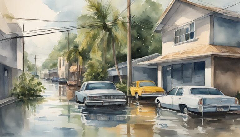 Watercolor painting of flooded street with classic cars.