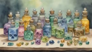 Watercolor painting of jars with skull motifs and marbles.