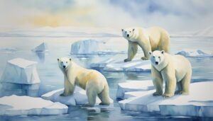 Three polar bears on Arctic ice landscape.