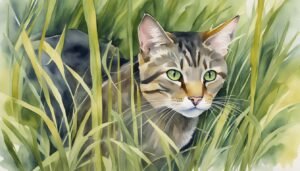 Tabby cat hiding in lush green grass, watercolor art.