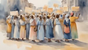 Watercolor painting of historical protest with diverse crowd