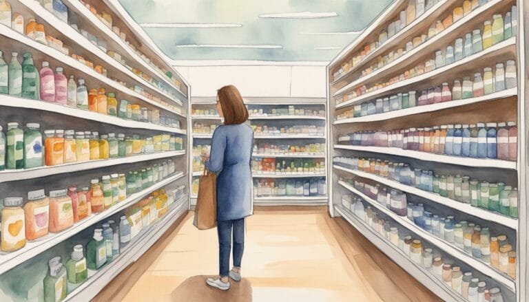 Woman shopping in a colorful grocery store aisle.