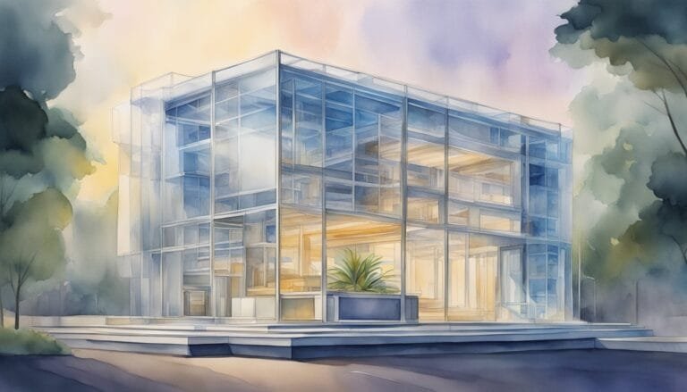Watercolor illustration of modern glass building with trees.