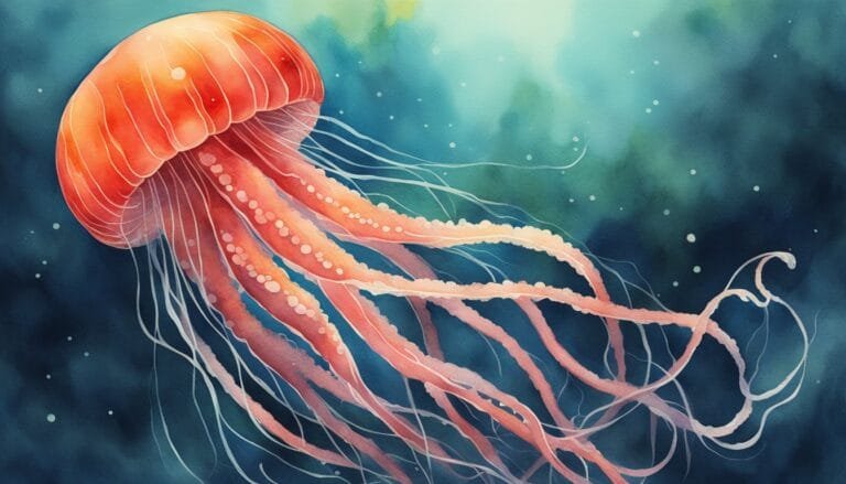 Vibrant watercolor jellyfish swimming in blue ocean.